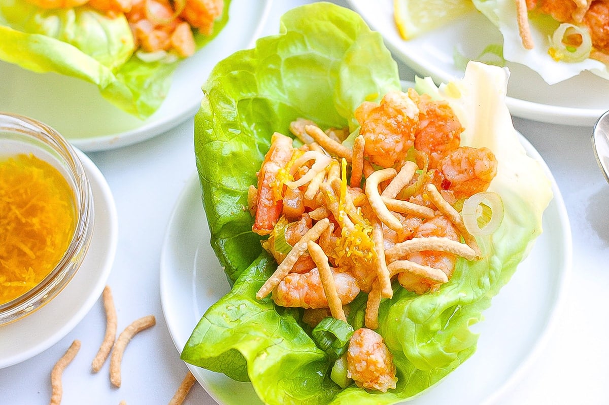 close up of just one lettuce cup with crispy noodles 