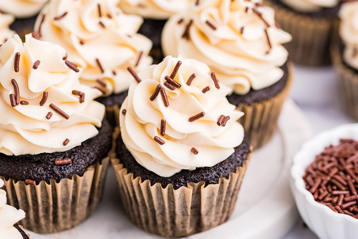 guinness cupcakes on a serving platter