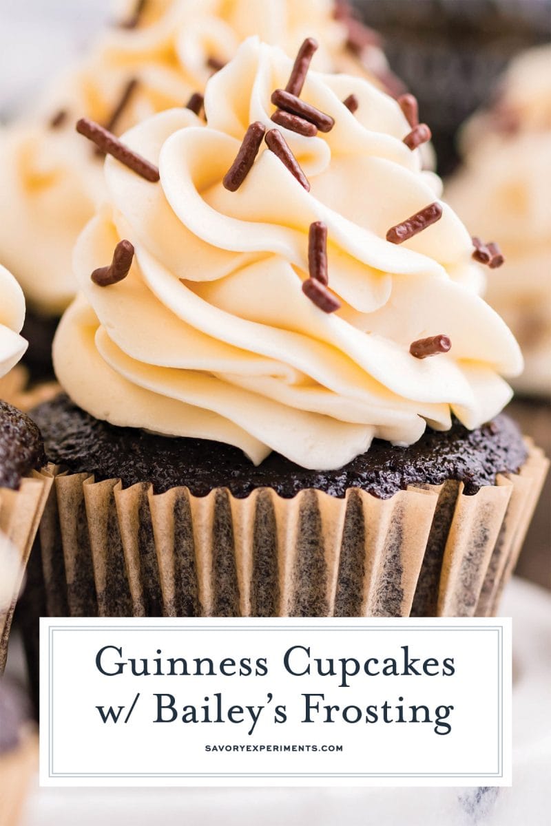 close up of guinness cupcakes with Baileys frosting 