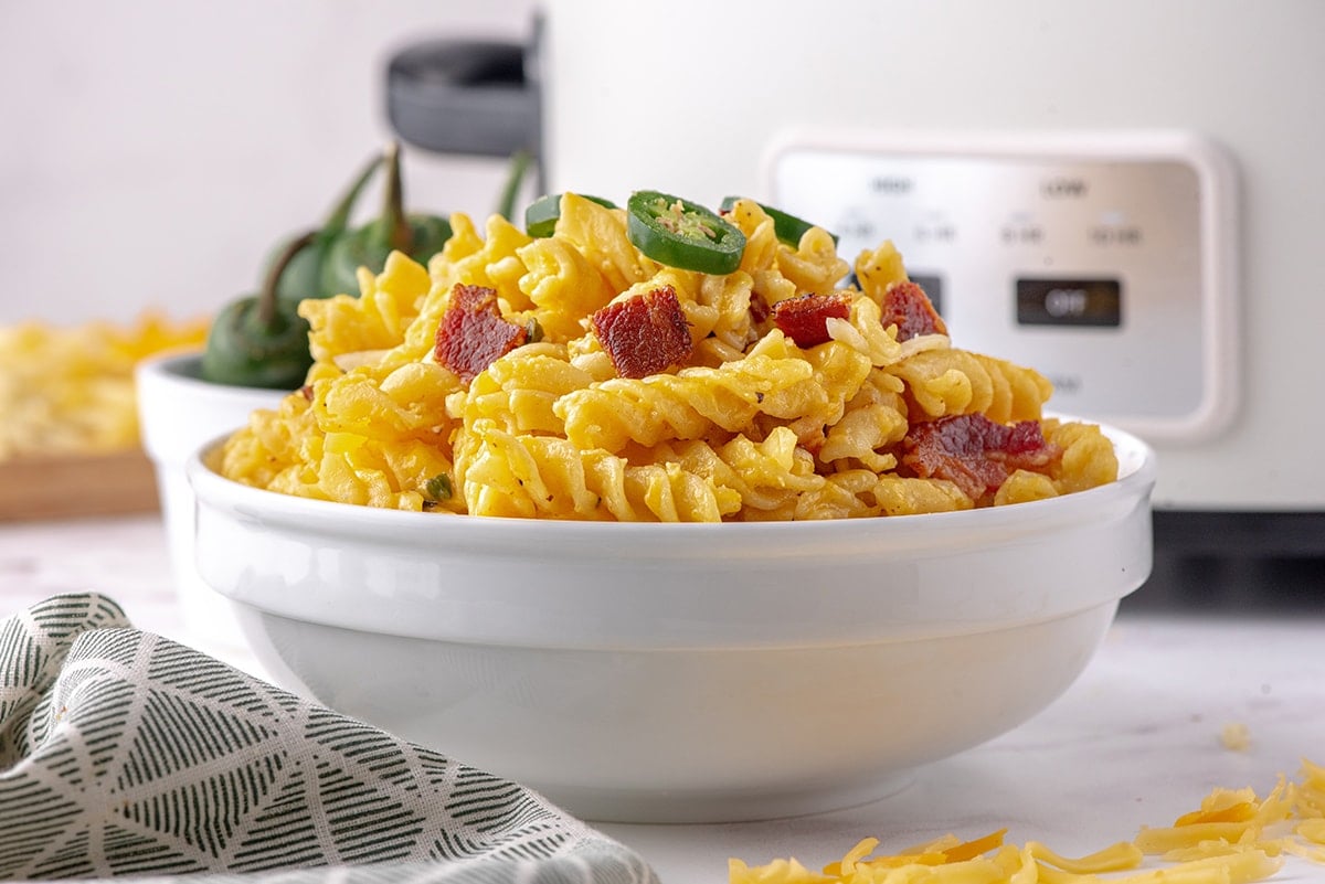 angle view of mac and cheese in a bowl 