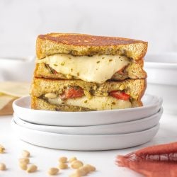 angle view of a pesto grilled cheese sandwich