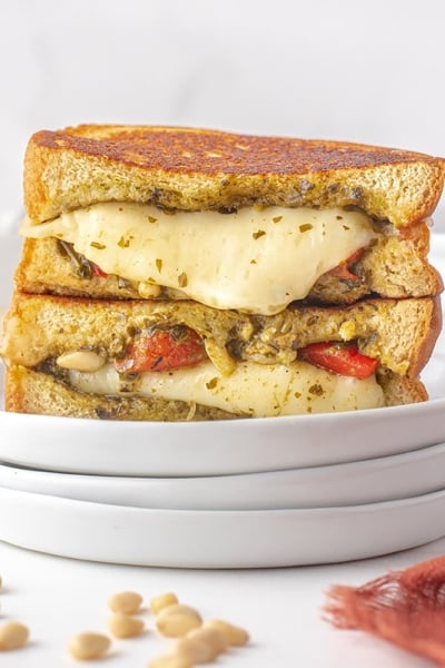 angle view of a pesto grilled cheese sandwich