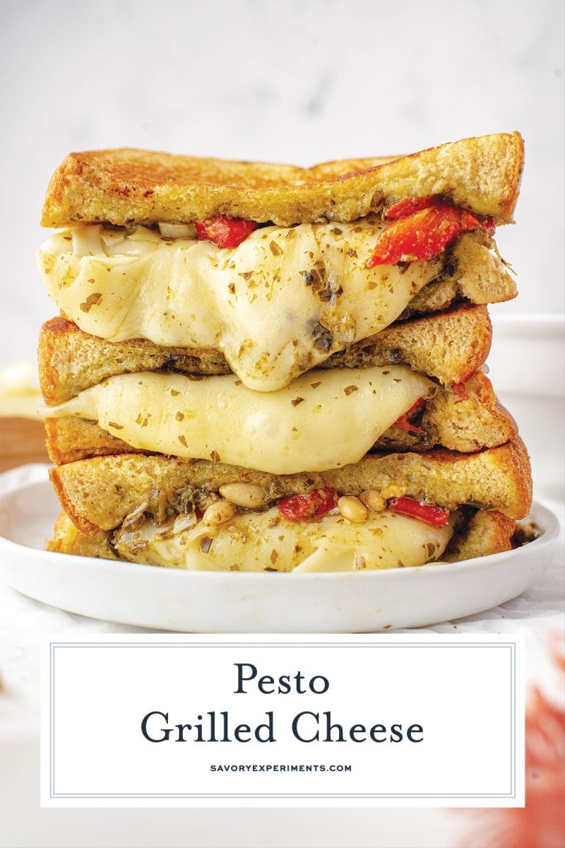 close up of grilled cheese with pesto 