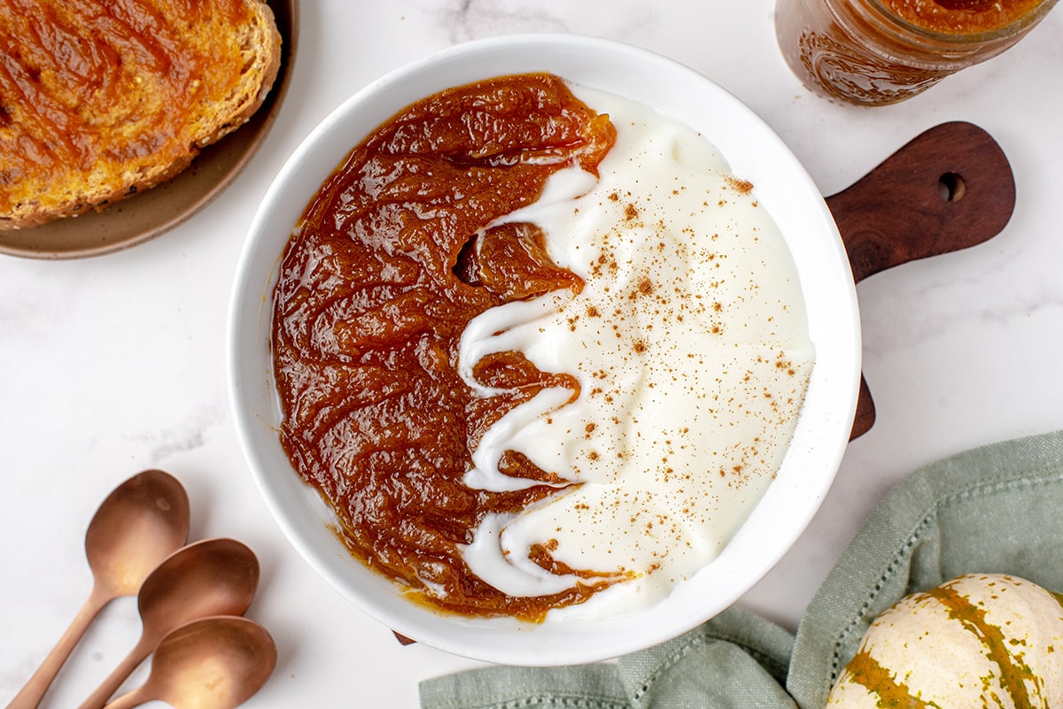 bowl of pumpkin butter with yogurt  