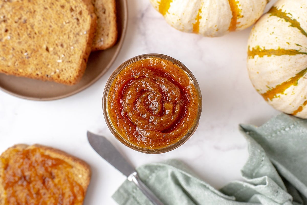 overhead of pumpkin butter in a jar 