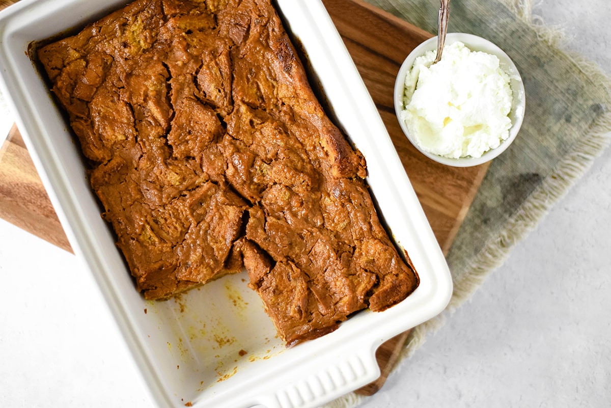 pumpkin cinnamon bread pudding in a baking dish 