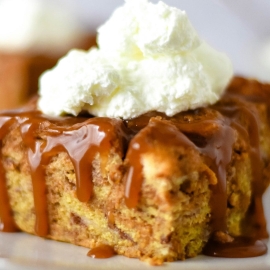 close up of a slice of bread pudding