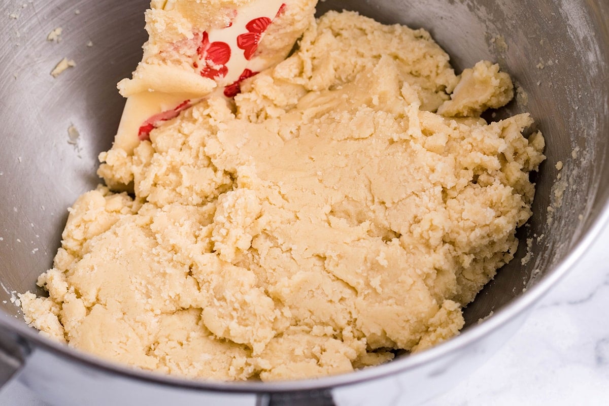 sugar cookie dough in a mixing bowl 