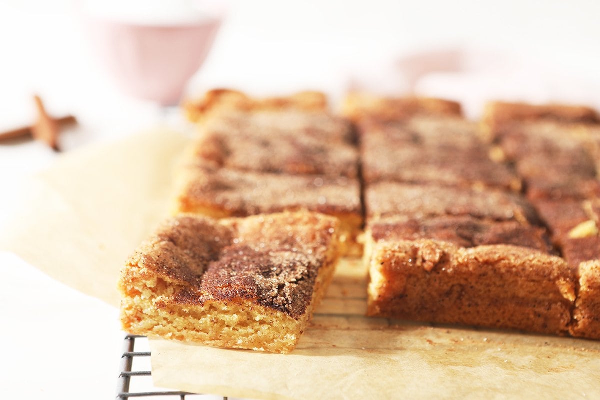snickerdoodle bars on a cooling rack 