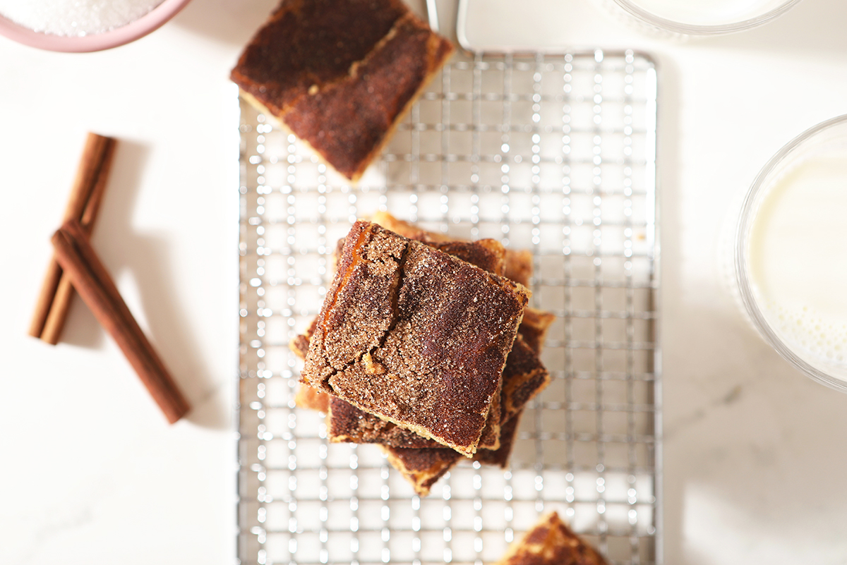 overhead of sugar cookie bars with cinnamon sugar 