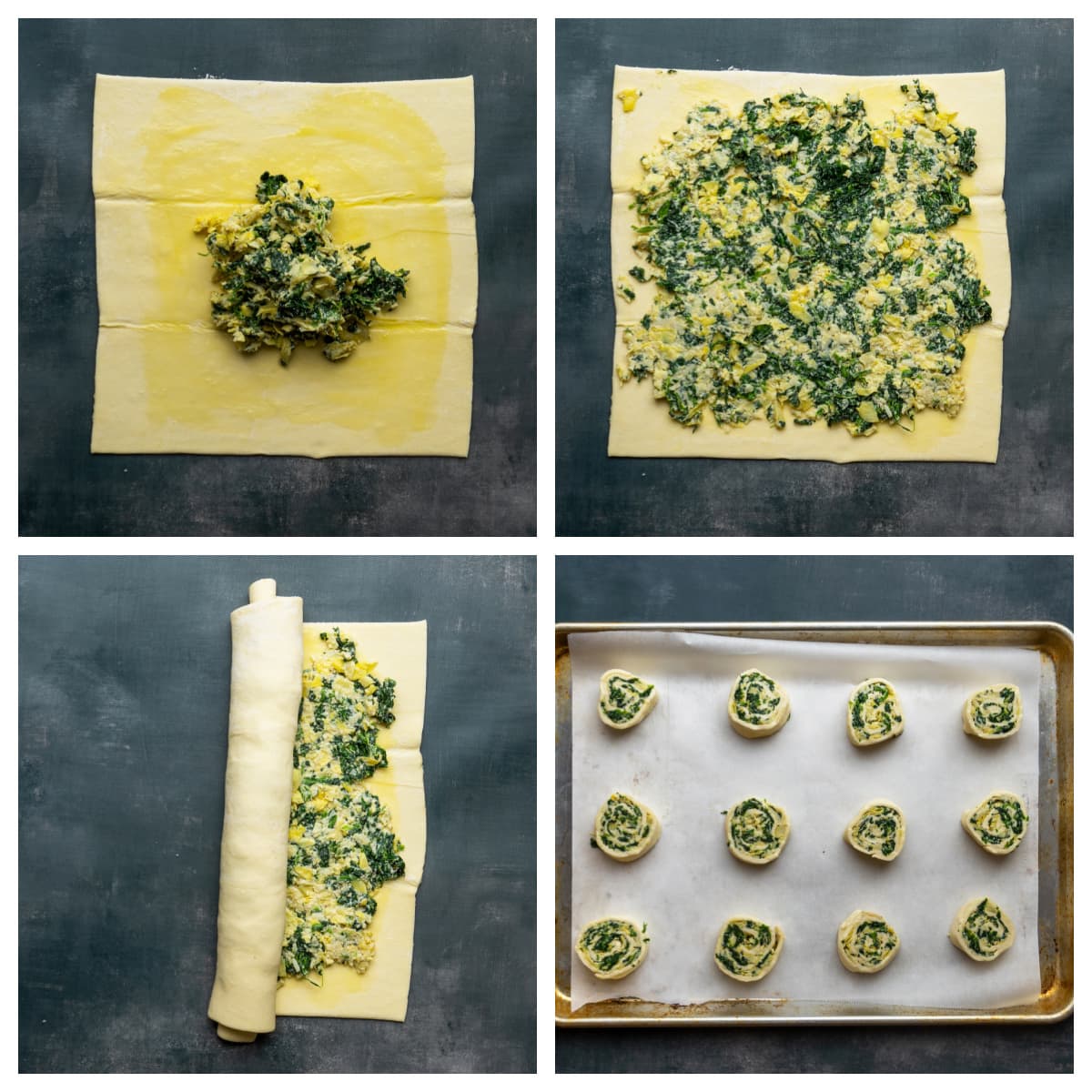 collage of how to make spinach puff pastry pinwheels