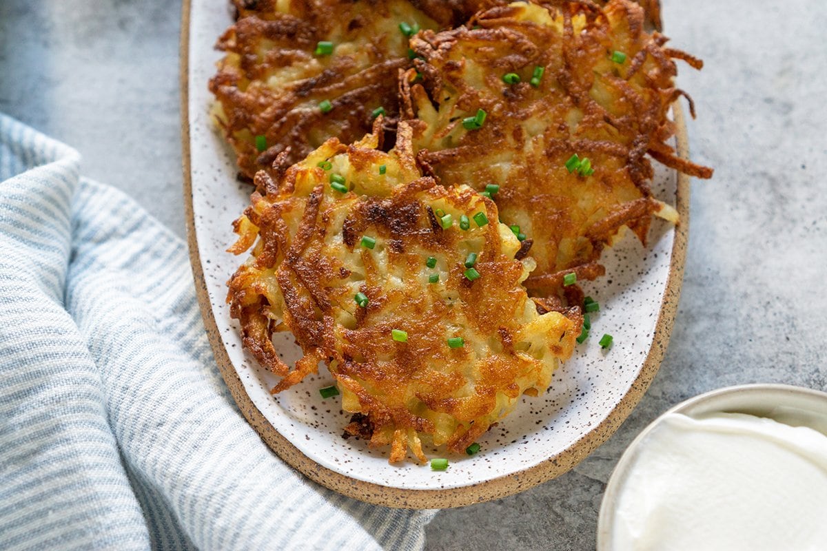 overhead of browned latkes 