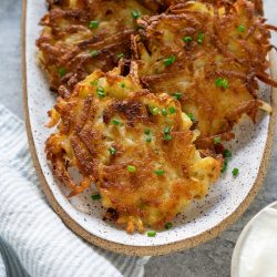 potato latkes on a serving dish