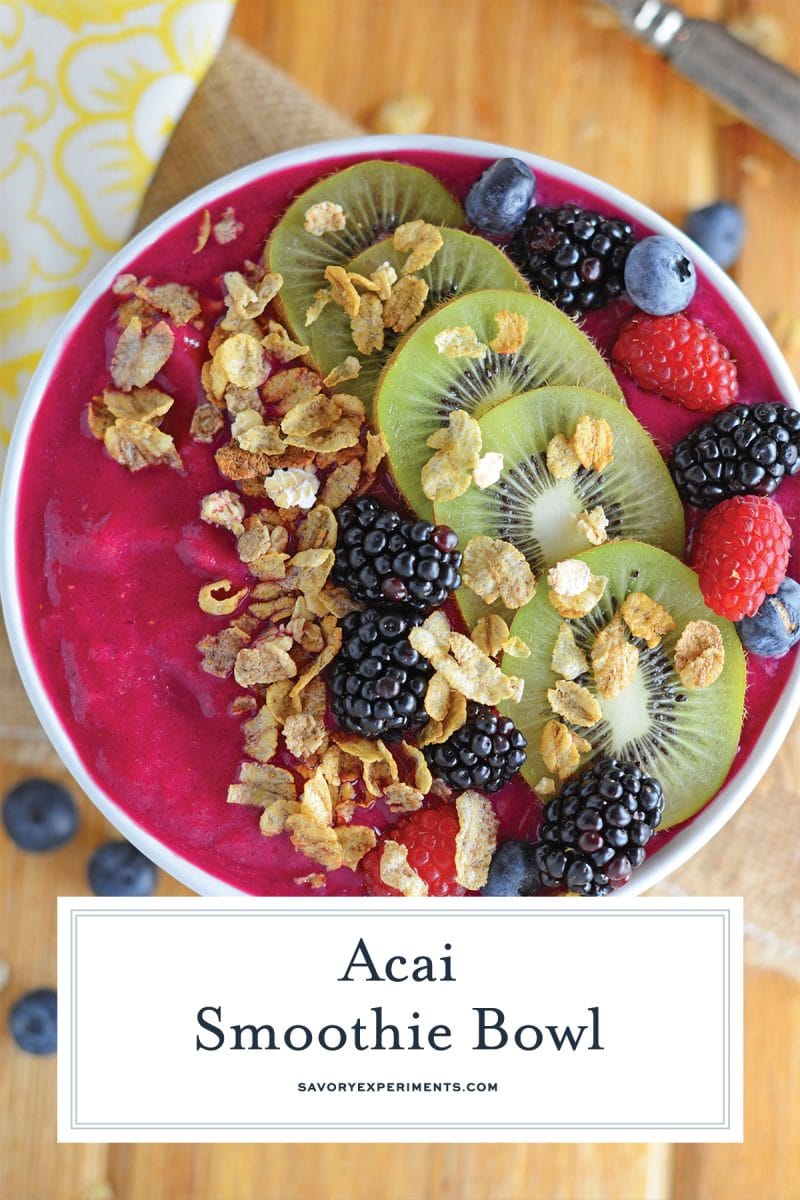 overhead of an acai bowl with fruit 