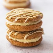 close up of molasses cookie sandwiches stacked