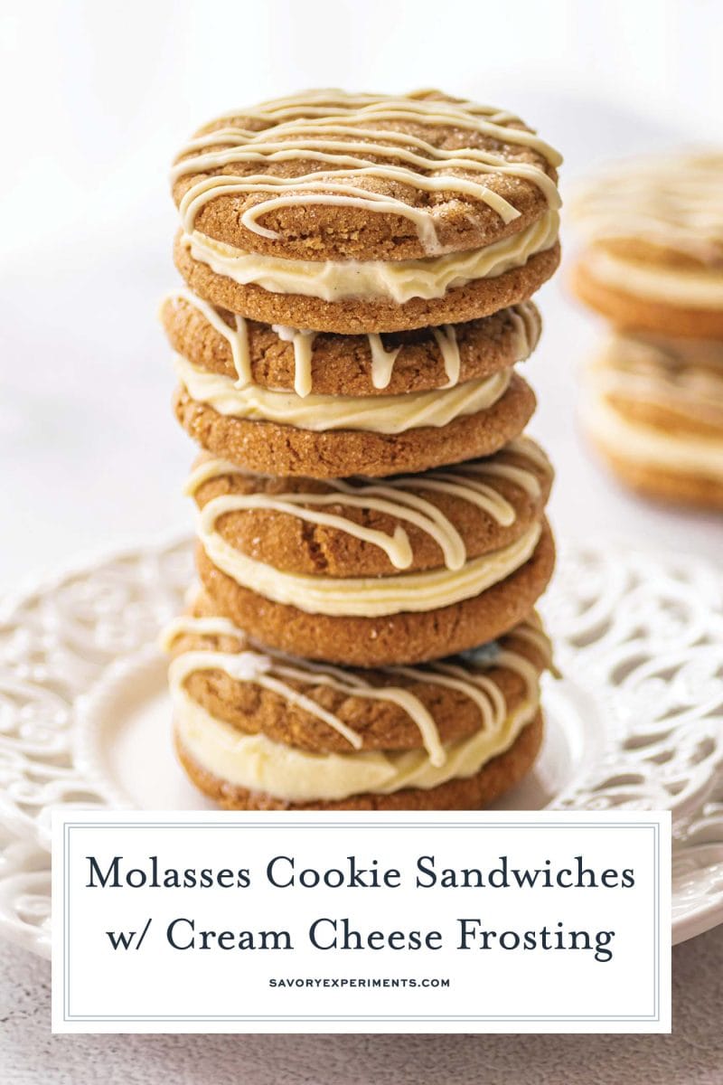 close up stack of molasses cookies with frosting 