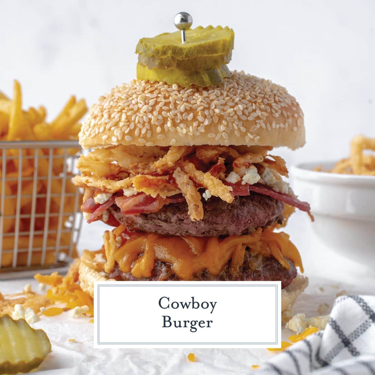 close up of zesty cowboy burger and toppings 