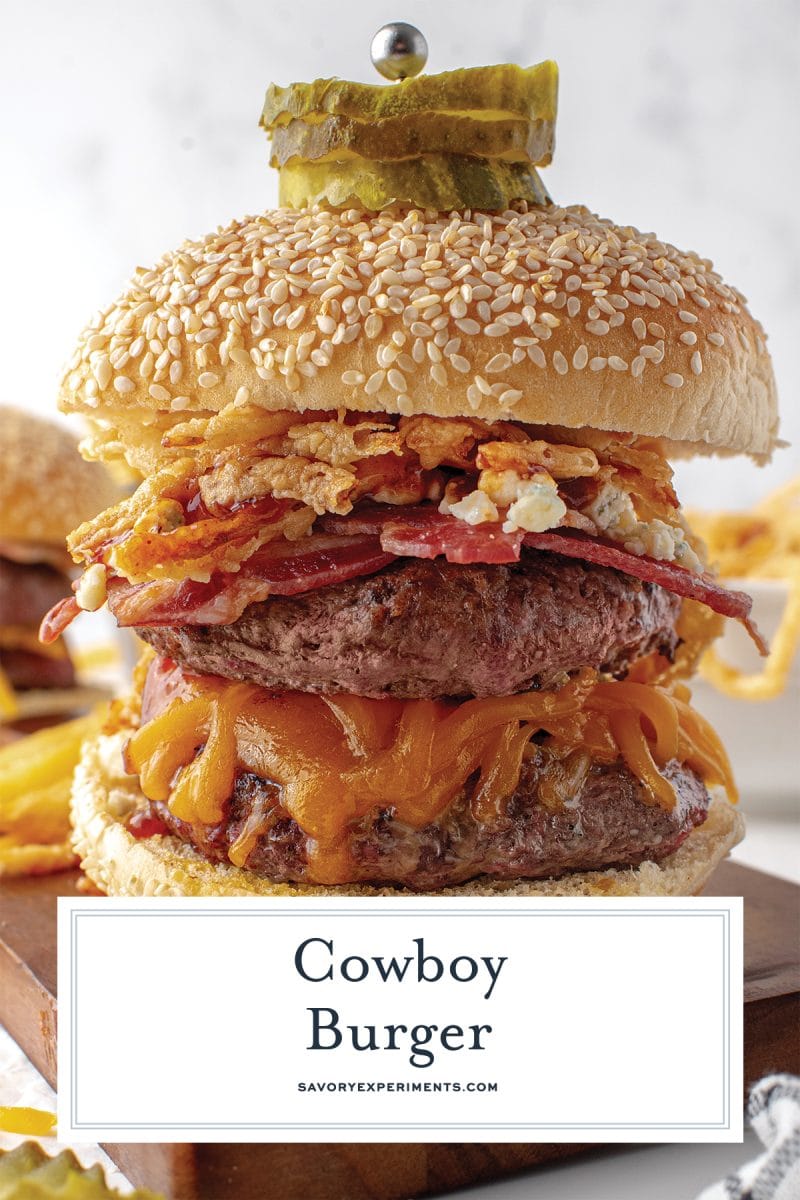 close up of a cowboy burger with toppings 