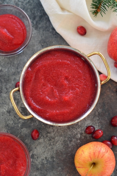 overhead of bowls of cran applesauce