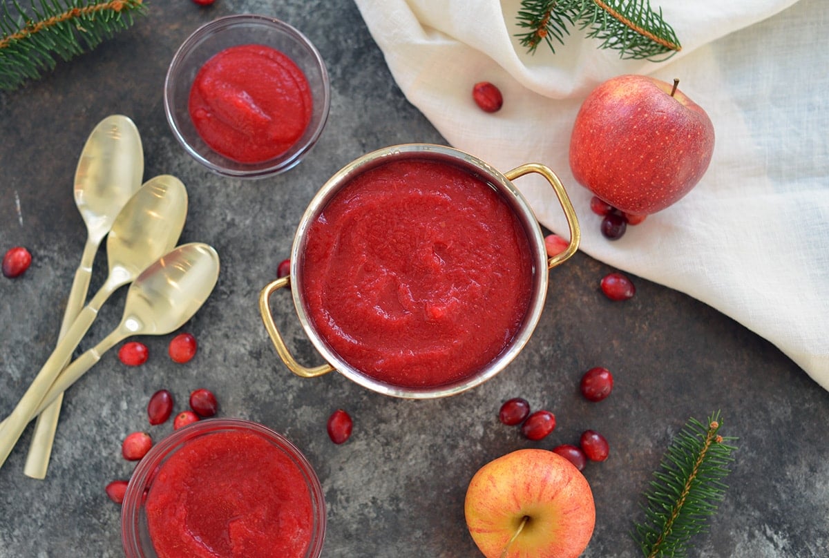 overhead of bowls of cran applesauce