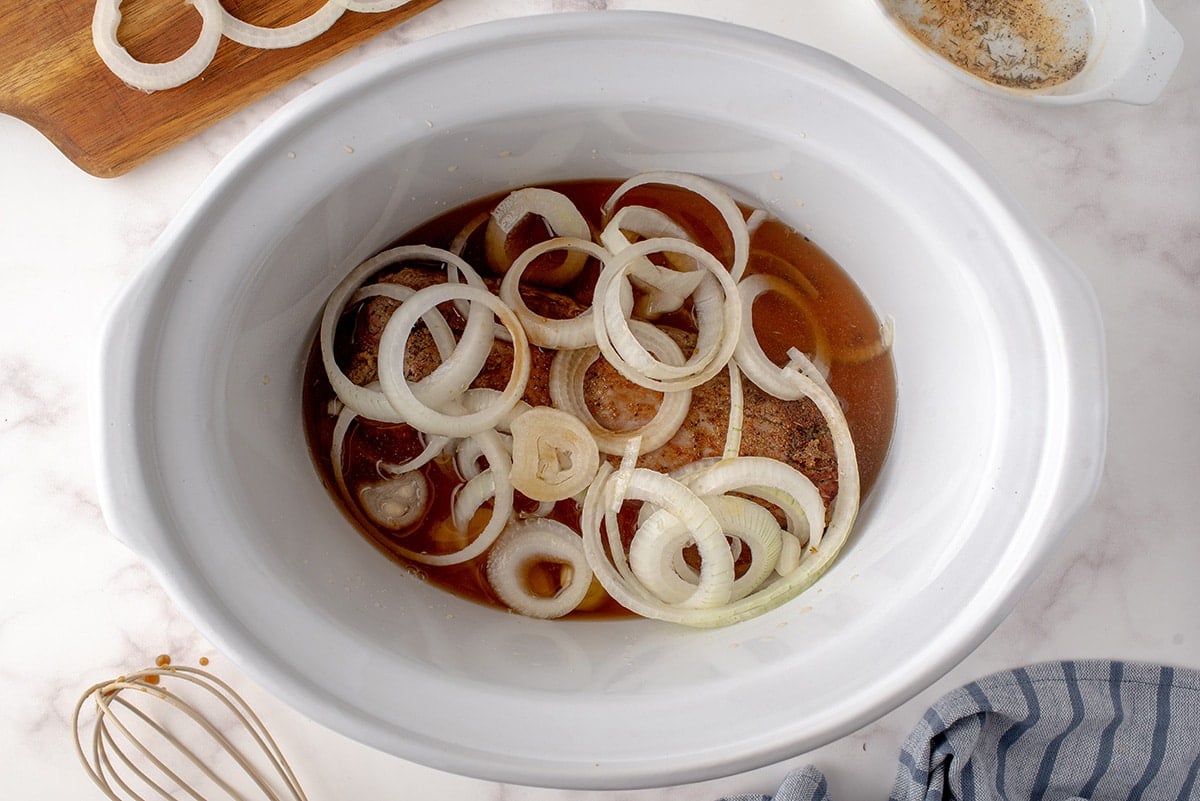 onions and broth in a crock pot