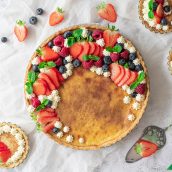 overhead of classic custard pie with berries