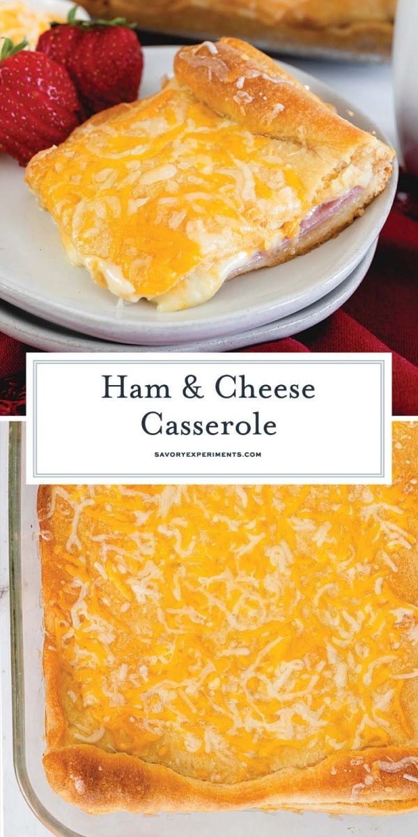 slice of cheesy breakfast casserole on white plates 