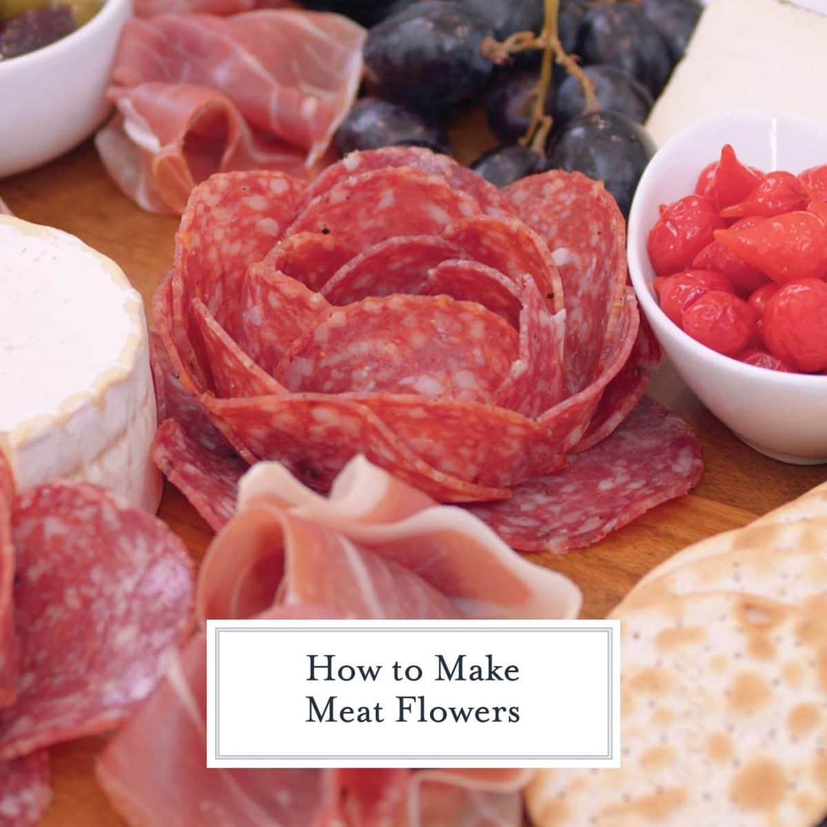 close up of charcuterie board meat flower 