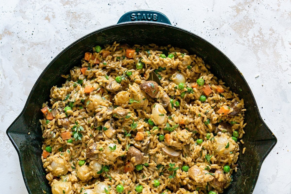 rice and veggies in a skillet 