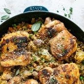 overhead chicken and rice in cast iron