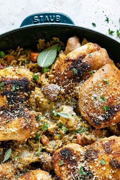 overhead chicken and rice in cast iron