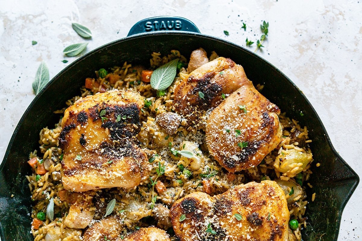 overhead chicken and rice in cast iron