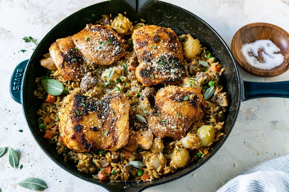 browned chicken thighs with rice 
