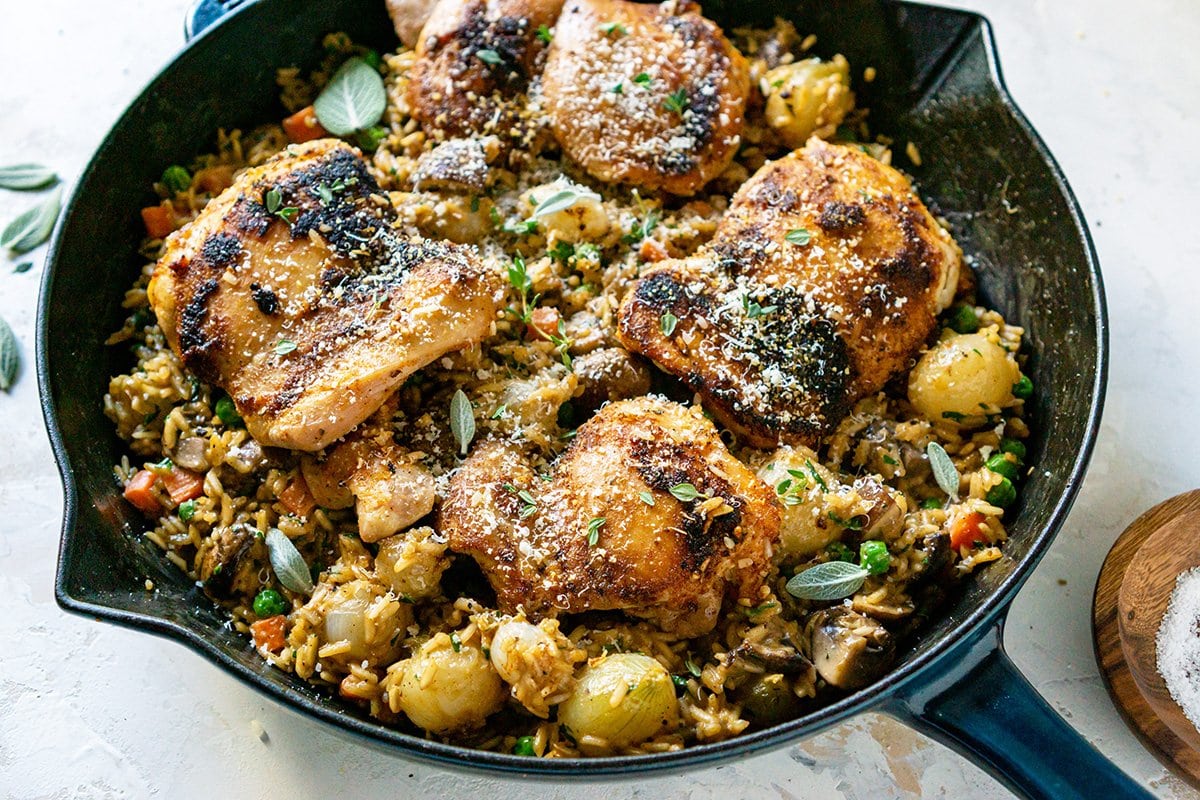 chicken and rice in a cast-iron skillet 
