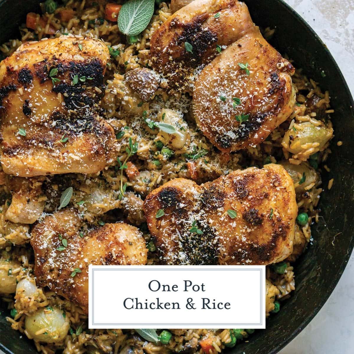 chicken with veggies and rice in a cast iron pan 