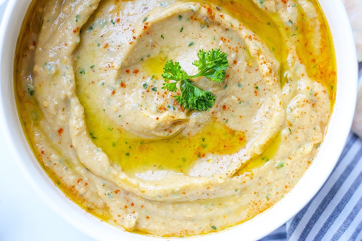 close up of roasted eggplant dip 