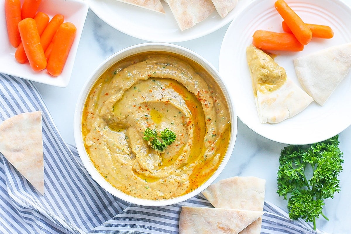 overhead of baba ganoush with dipping ideas