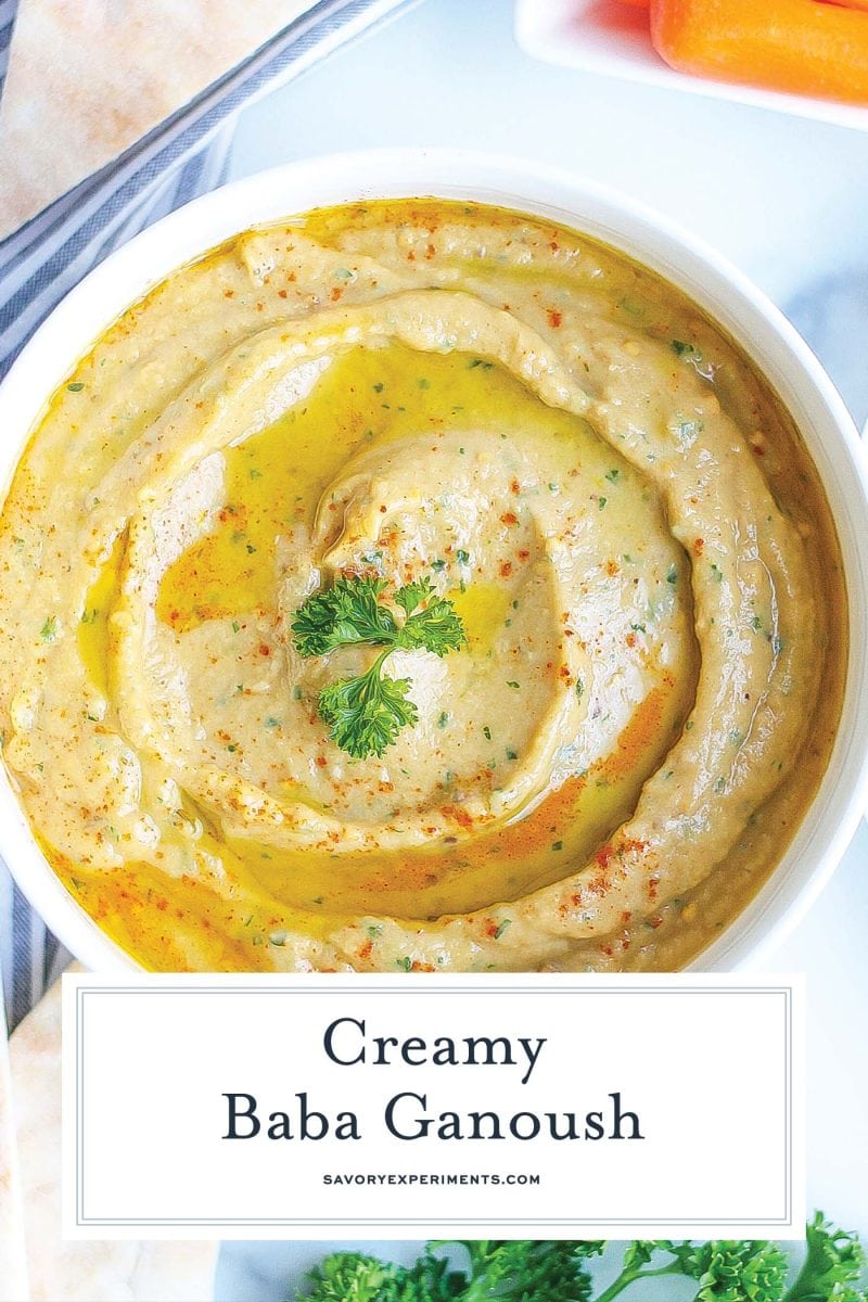 close up of creamy baba ganoush in a white bowl 