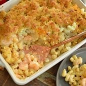 overhead of seafood mac and cheese in a casserole dish