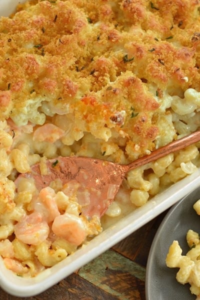 overhead of seafood mac and cheese in a casserole dish