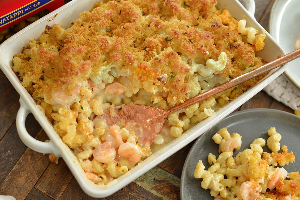 overhead of seafood mac and cheese in a casserole dish