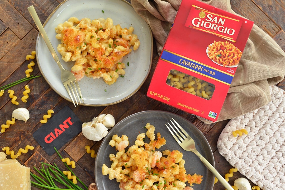 seafood mac and cheese on serving plates 