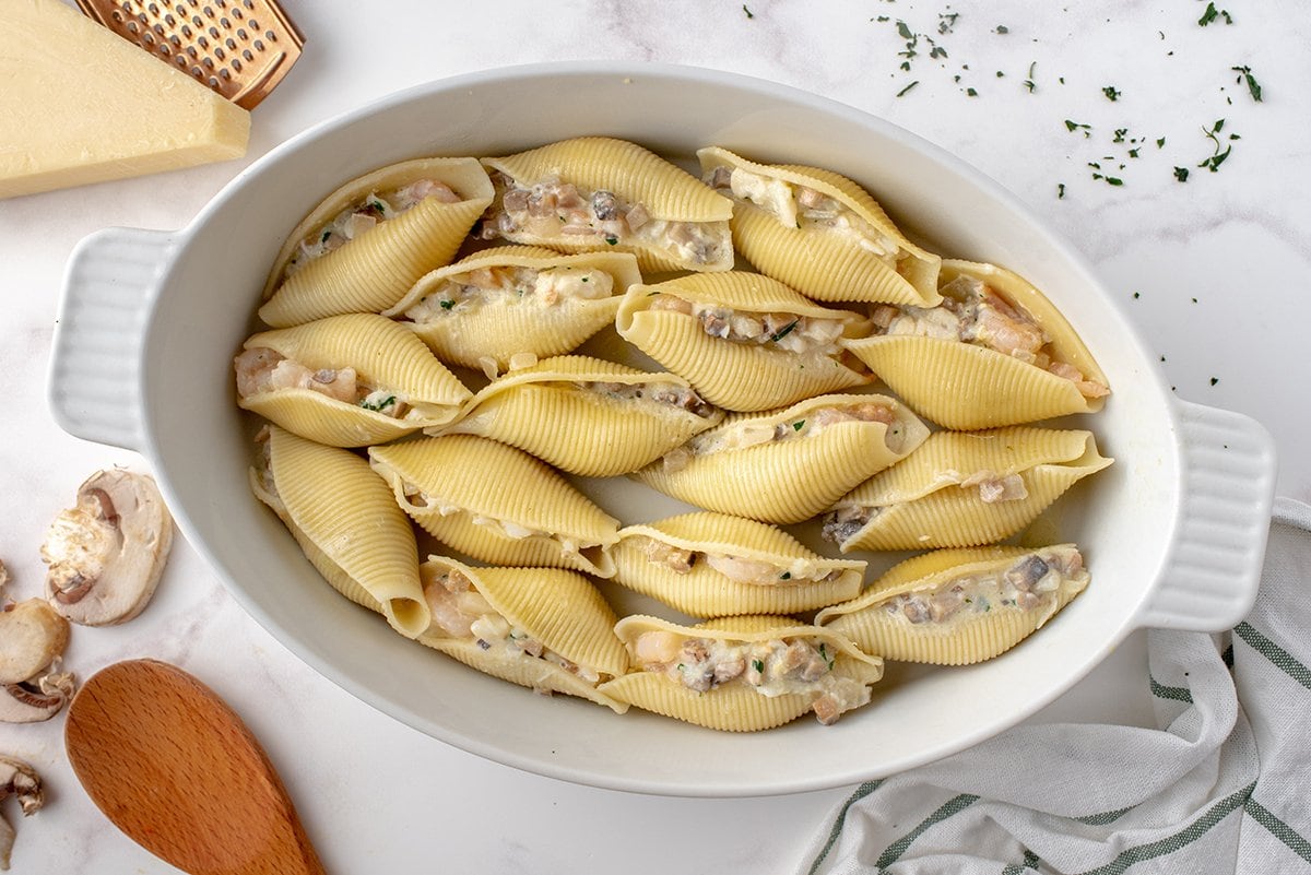 stuffed shells in a casserole dish