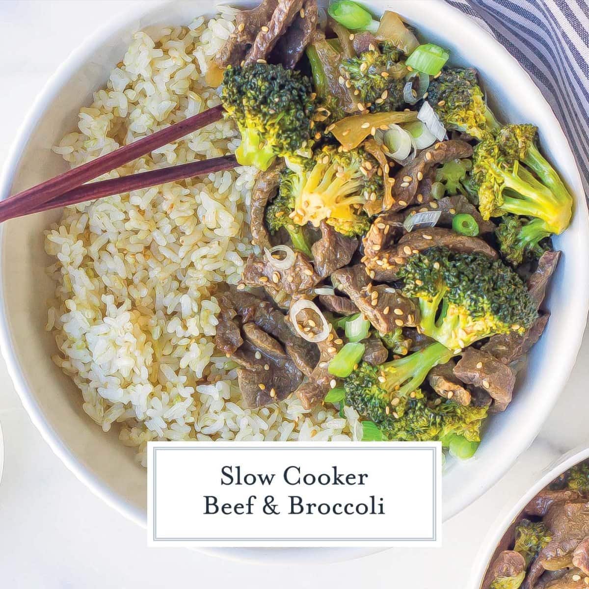 overhead close up of beef and broccoli in a white bowl