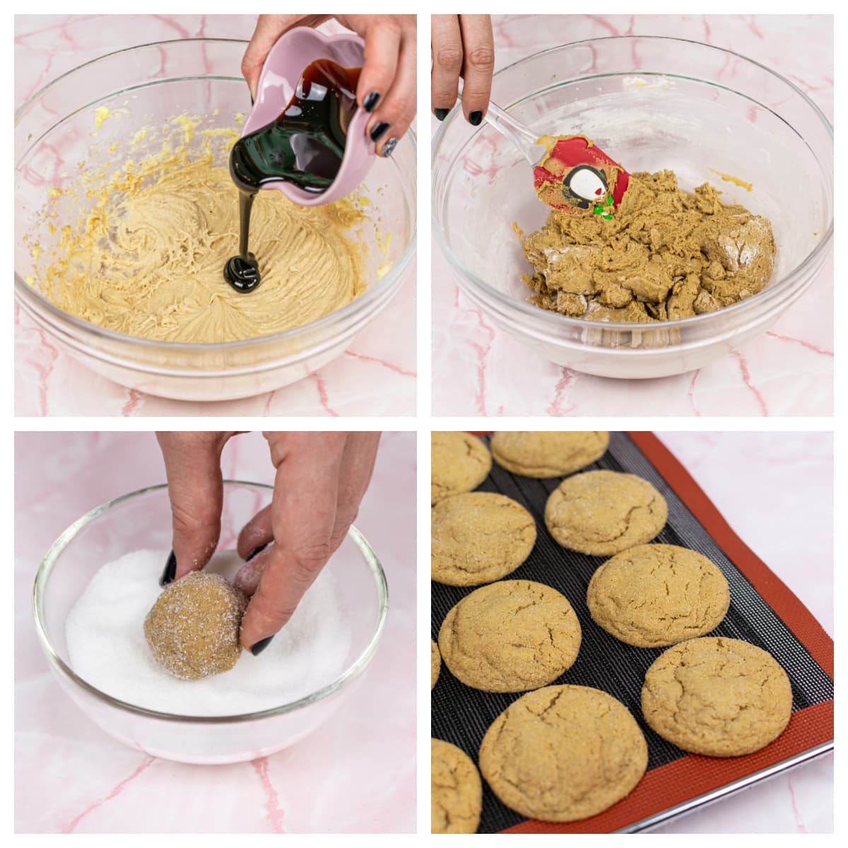 collage of how to make molasses cookie sandwiches