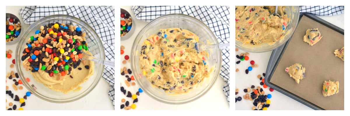 trail mix cookie dough being scooped onto a baking sheet 