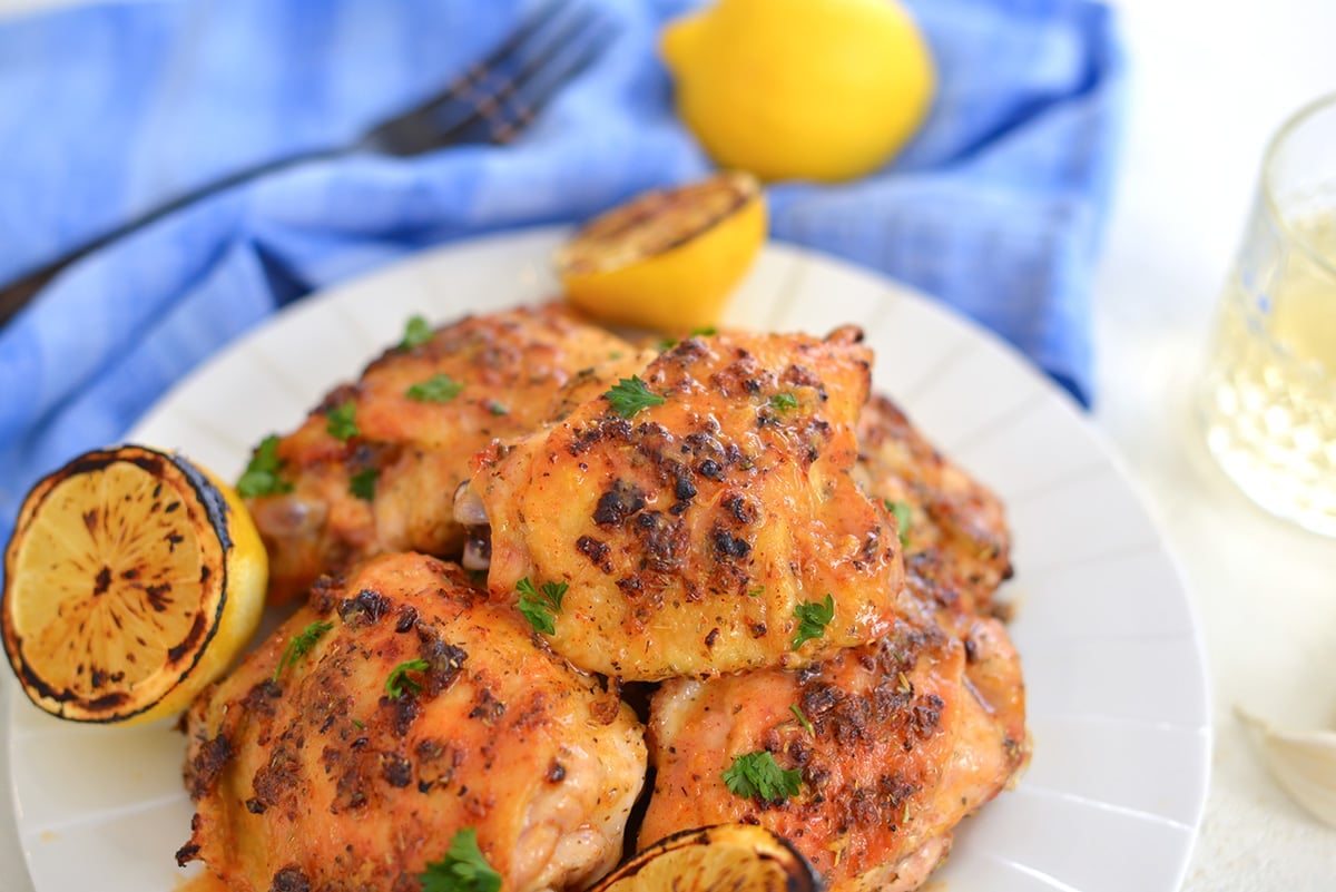 plate of crispy baked chicken thighs