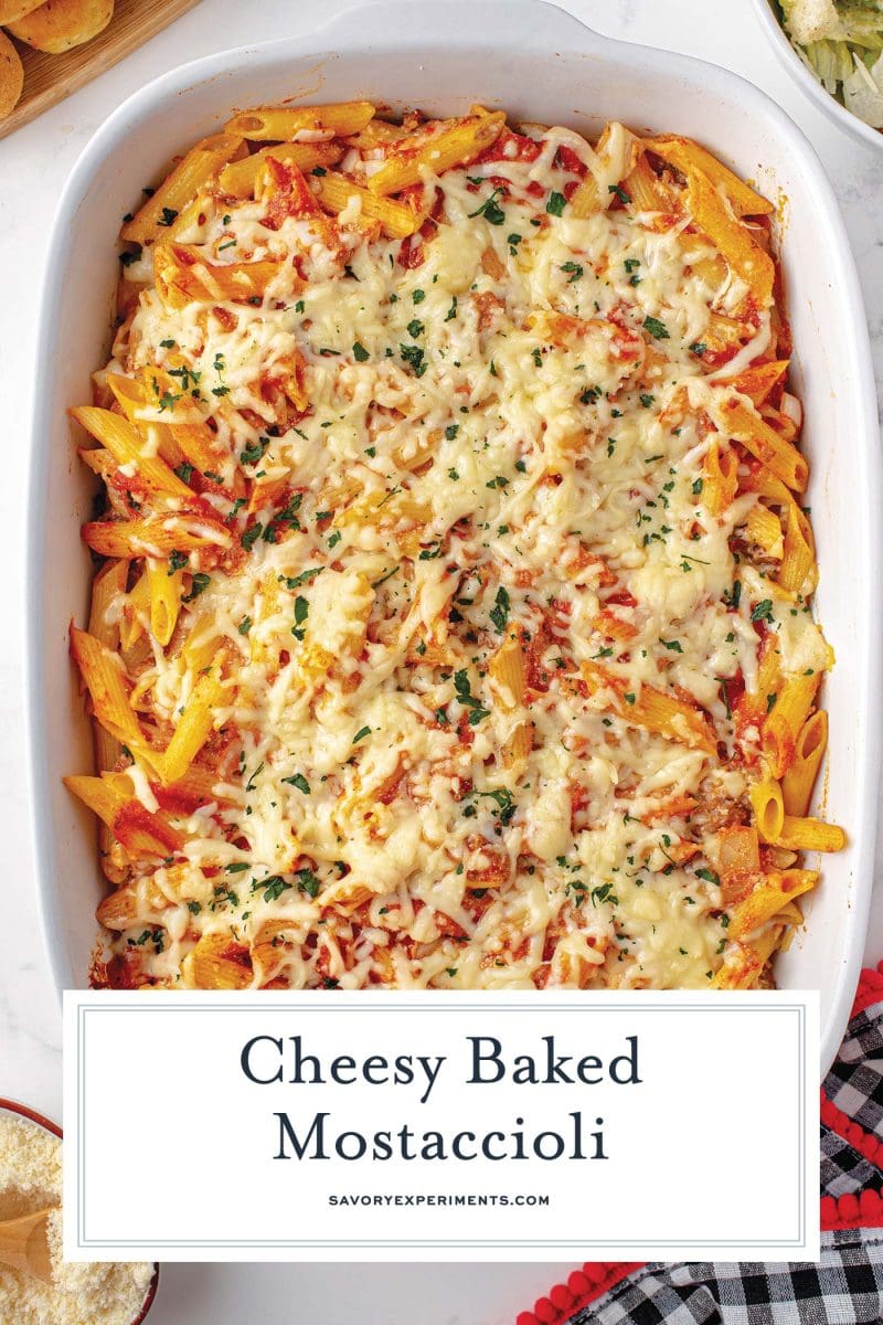 overhead of baked pasta for pinterest 