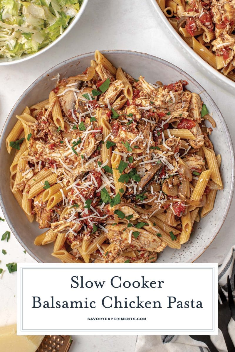 crockpot chicken pasta in pasta bowl 