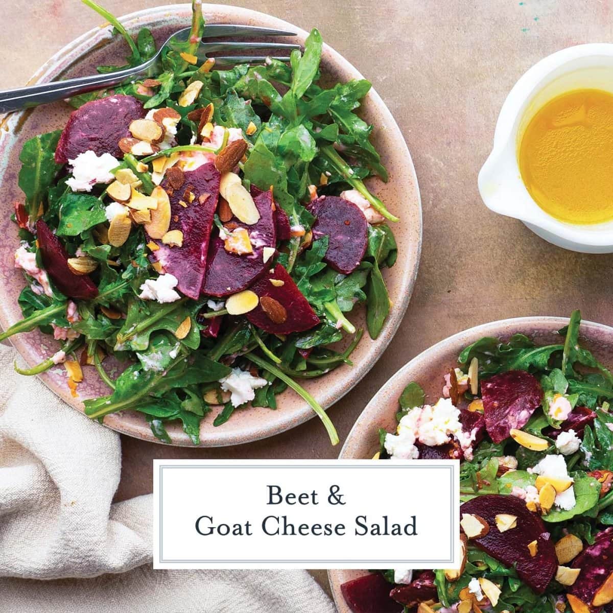 two salad bowls with beet salad and dressing 